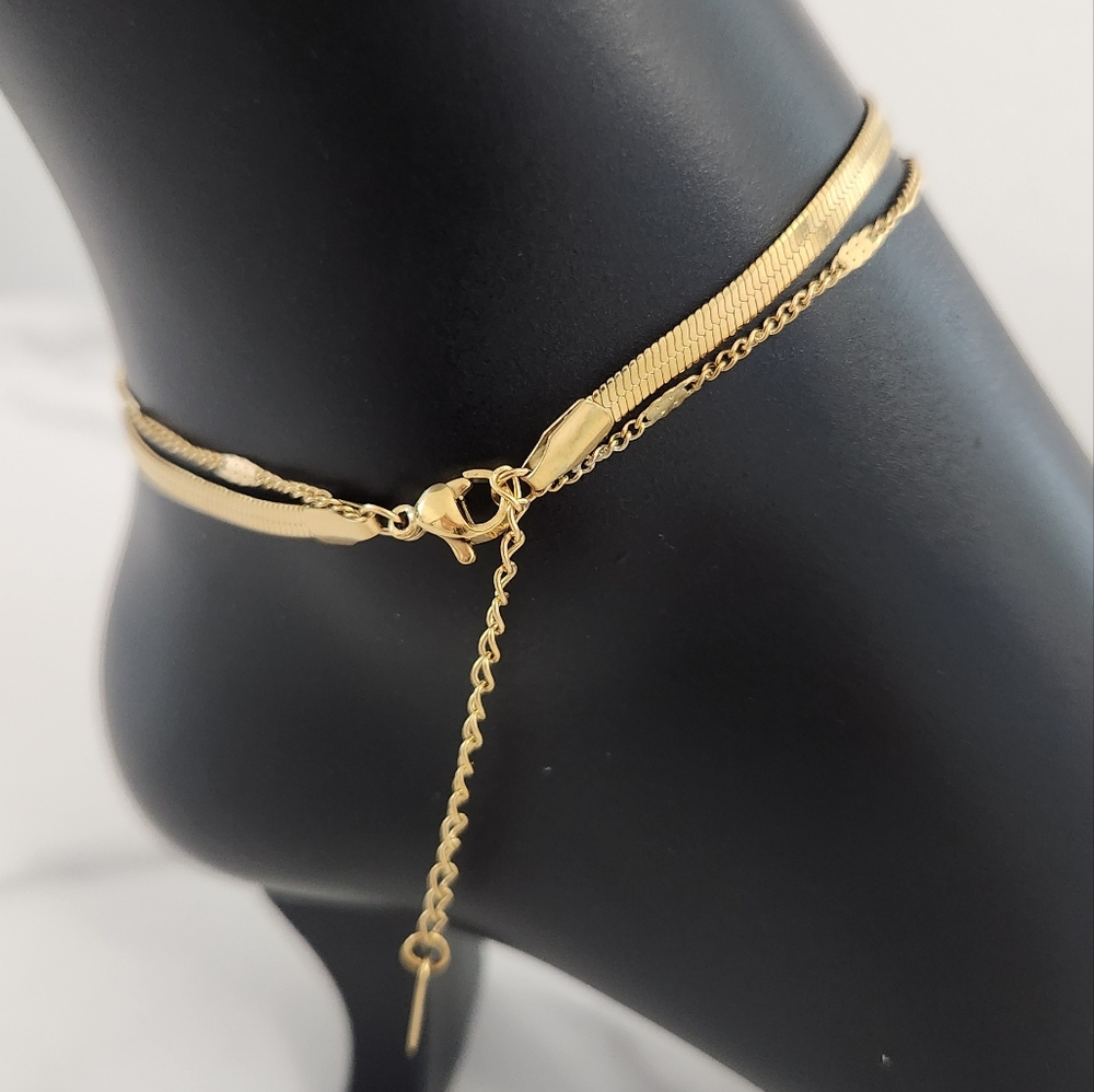 Gold Layered Anklet Herringbone Chain Heart Charm 18K Plated Adjustable - Picture 10 of 13